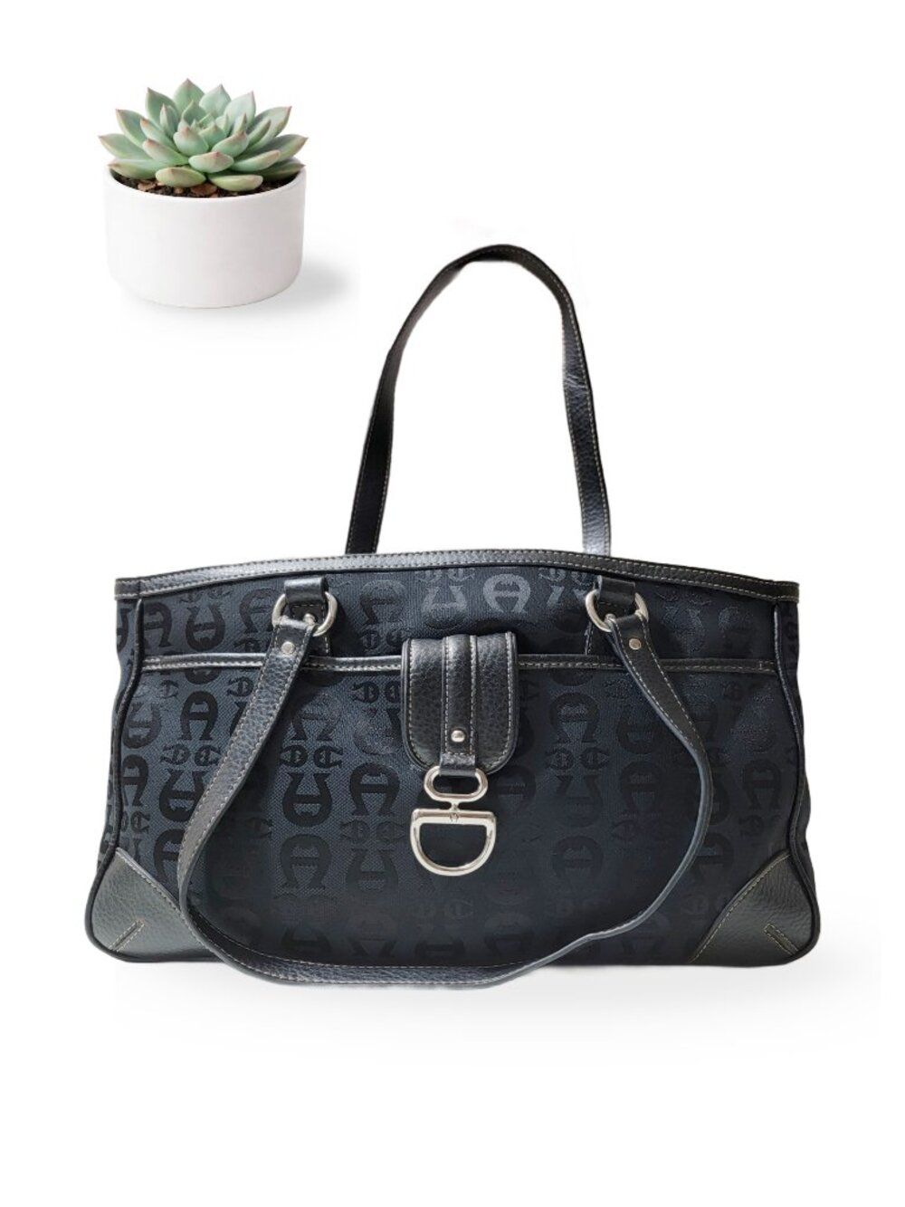 Etienne Aigner Black Logo Jacquard Leather Trim Tote Shoulder Bag Carryall Purse